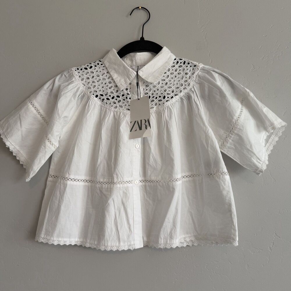 Zara Girls Cropped Blouse Size 11-12 Eyelet Short Sleeve Lace Trim Cottagecore